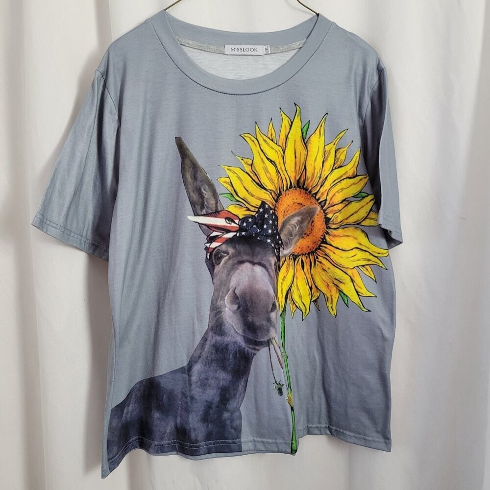 MissLook Shirt Donkey Patriotic Bandana Sunflower Gray 2XL Women's Whimsigoth